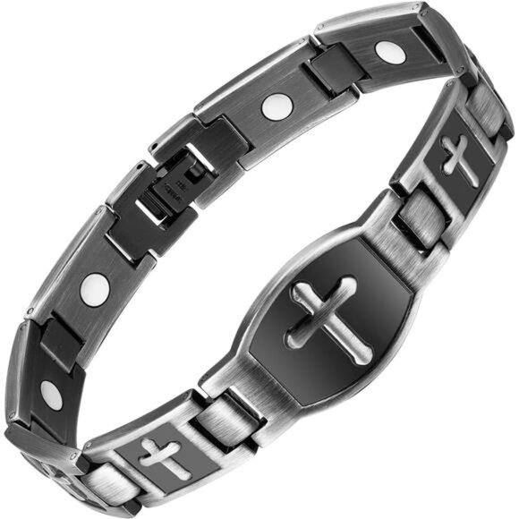 Mens titanium magnetic bracelet cross design adjustable stainless steel jewelry - Picture 1 of 7